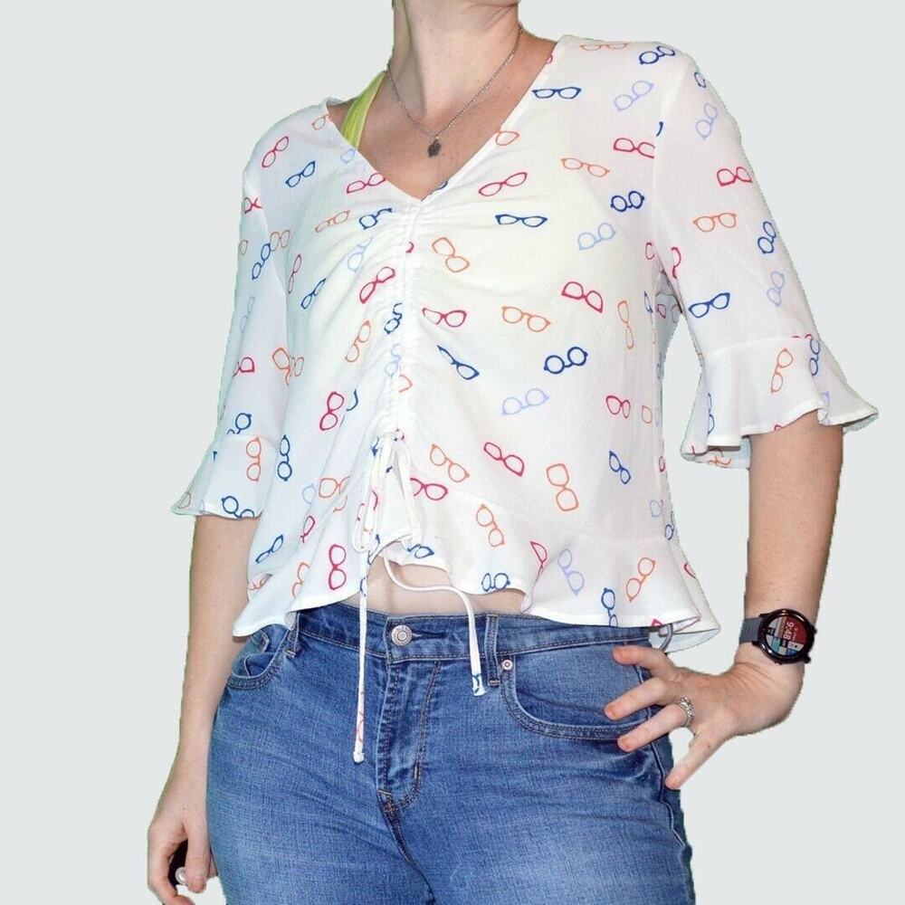 Elodie L Glasses Novelty Print Peplum Ruffle Crop Blouse